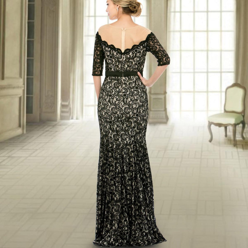 A beautiful gown, off-shoulder, reveals noble air.